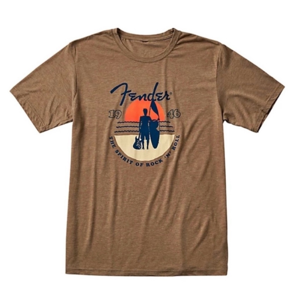 FENDER Brown Sunset Spirit of Rock n Roll Surfboard T-Shirt Unisex NWT